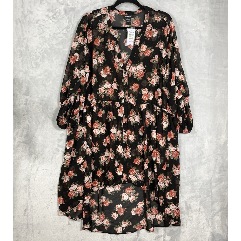 Torrid Top Black Pink Floral Sheer Chiffon Hi Low 3/4 Sleeve Tunic Size 4X NWT‎